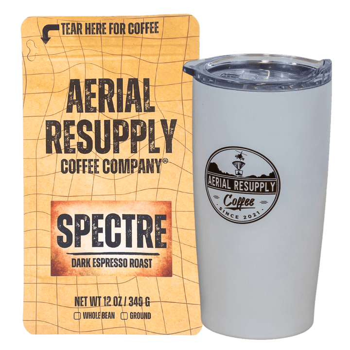 Spectre Dark Espresso Roast whole bean and preground coffee with white aerial resupply coffee logo tumbler. Buy now online or at or store in Charlottesville, Virginia