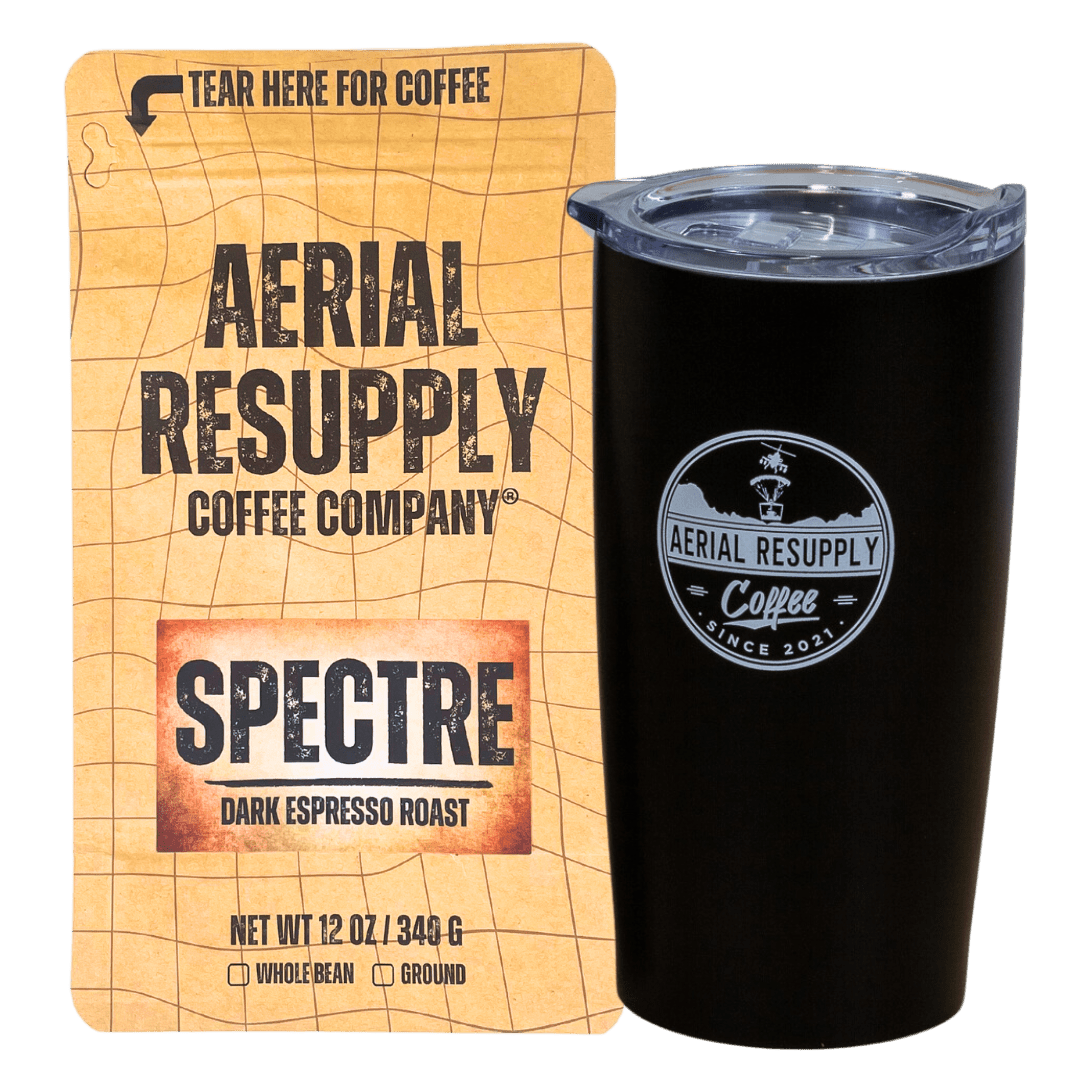 Spectre Dark Espresso Roast whole bean and preground coffee with black aerial resupply coffee logo tumbler. Buy now online or at or store in Charlottesville, Virginia