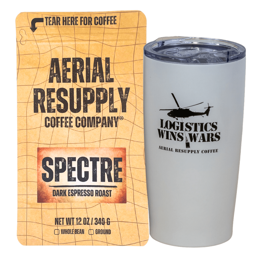 Spectre Dark Espresso Roast whole bean and preground coffee with white aerial resupply coffee logistics wins wars tumbler. Buy now online or at or store in Charlottesville, Virginia