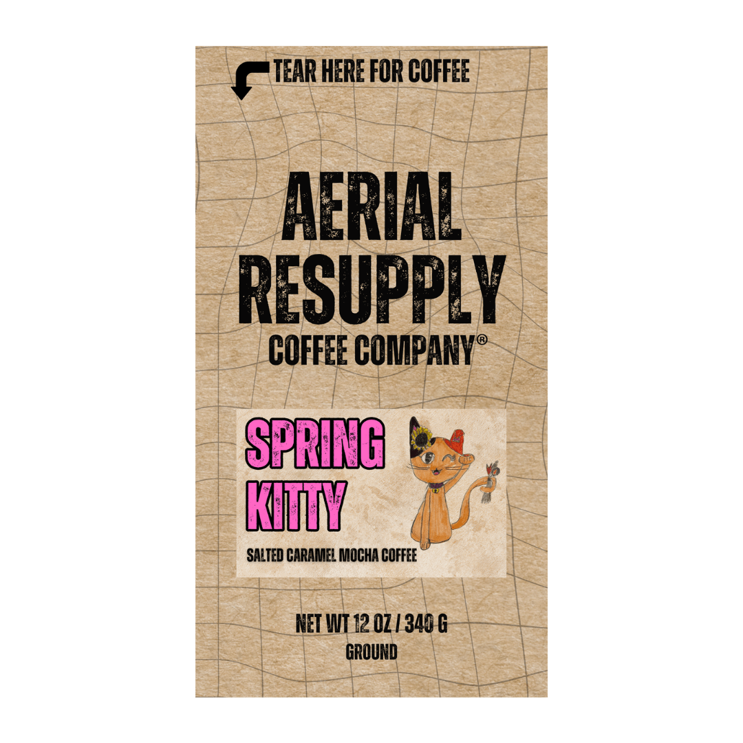 Spring Kitty Salted Caramel Mocha flavored coffee from aerial resupply coffee buy now twelve ounce whole bean or ground premium colombian medium roast online or at our store in charlottesville virginia