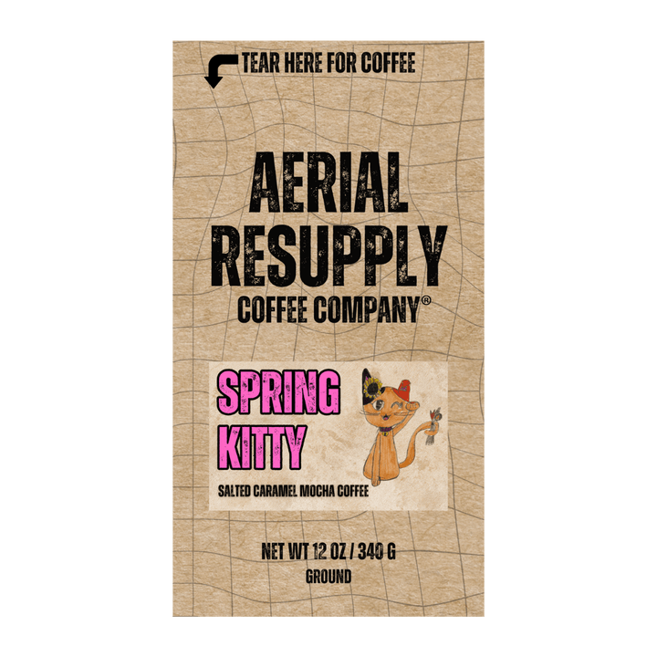 Spring Kitty Salted Caramel Mocha flavored coffee from aerial resupply coffee buy now twelve ounce whole bean or ground premium colombian medium roast online or at our store in charlottesville virginia