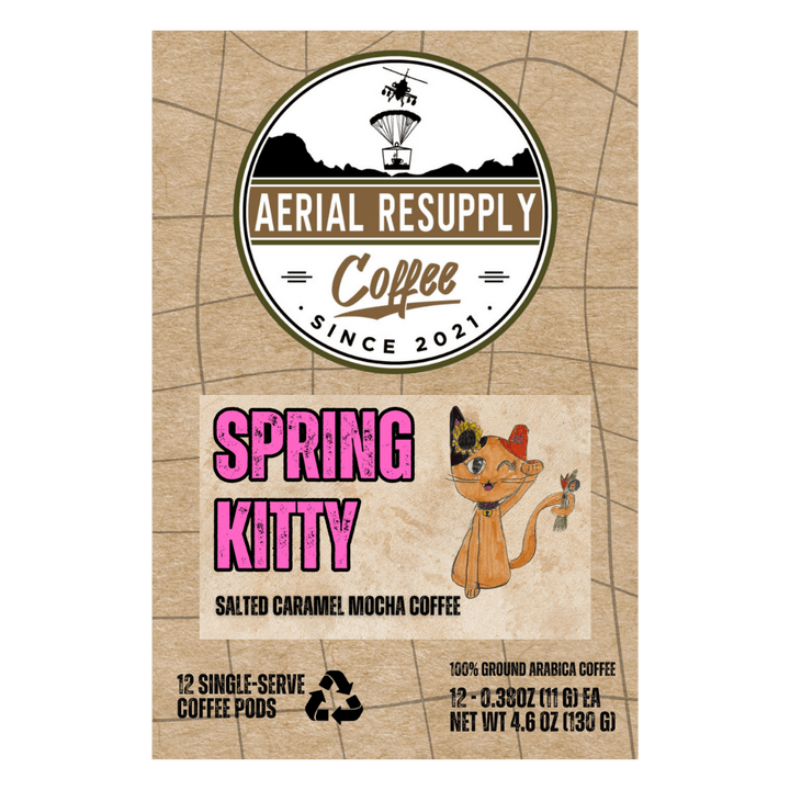 Spring Kitty Salted caramel mocha coffee single serving pod k-cups from aerial resupply coffee buy online .