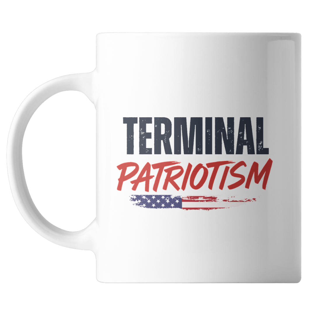 Terminal patriotism graphic on a white coffee mug