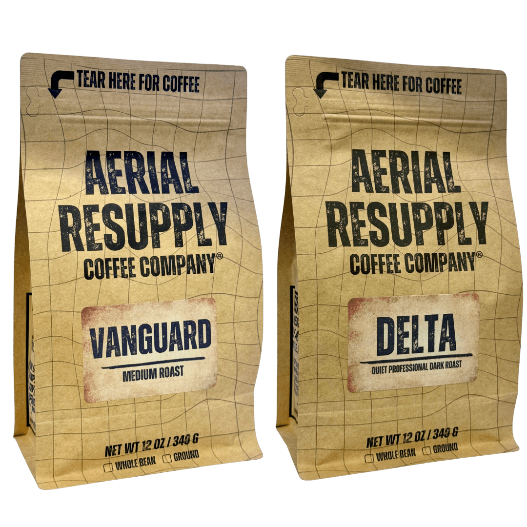 Two packages of Aerial Resupply Coffee Company on a white background