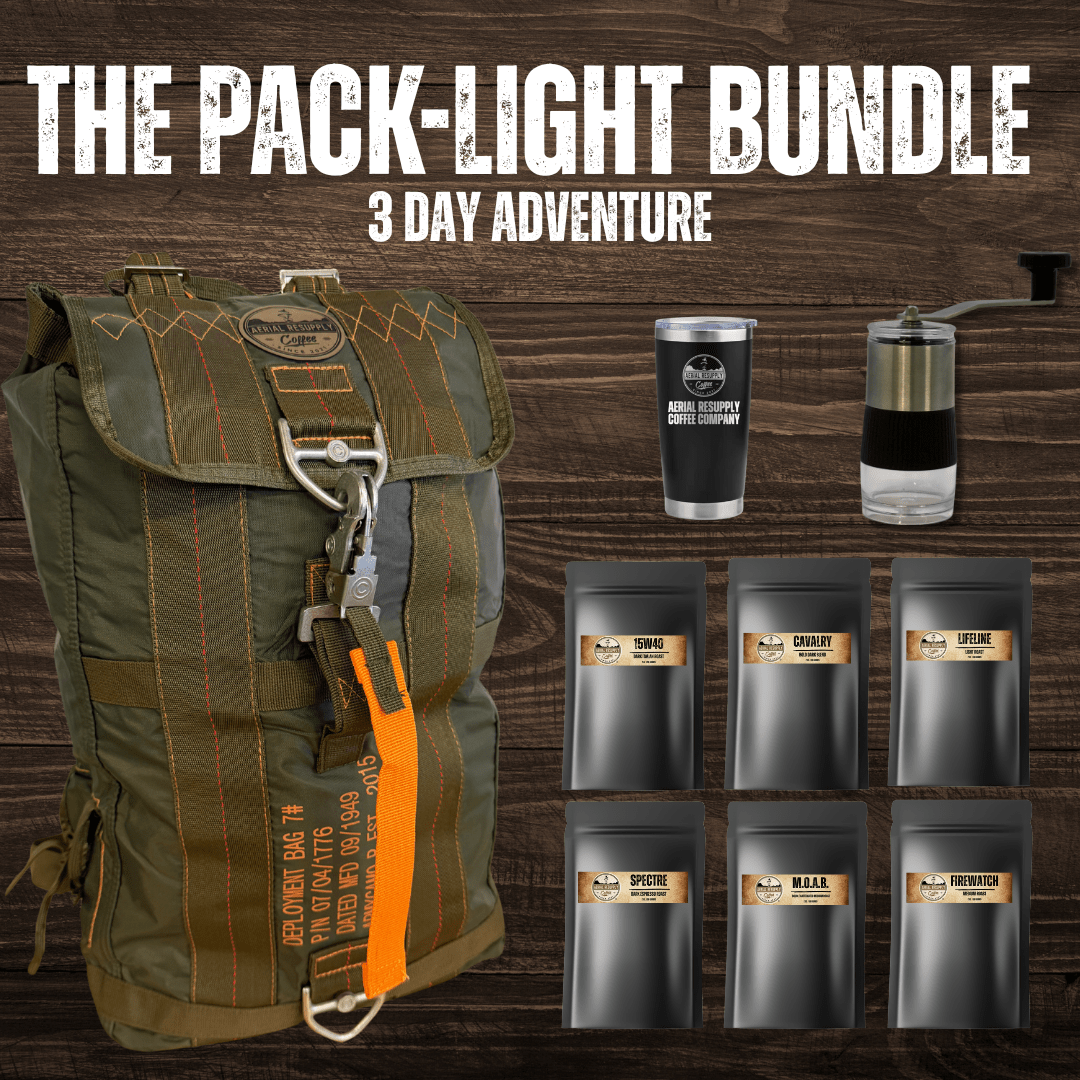 Backpack whole bean ground packets manual grinder and tumbler bundle