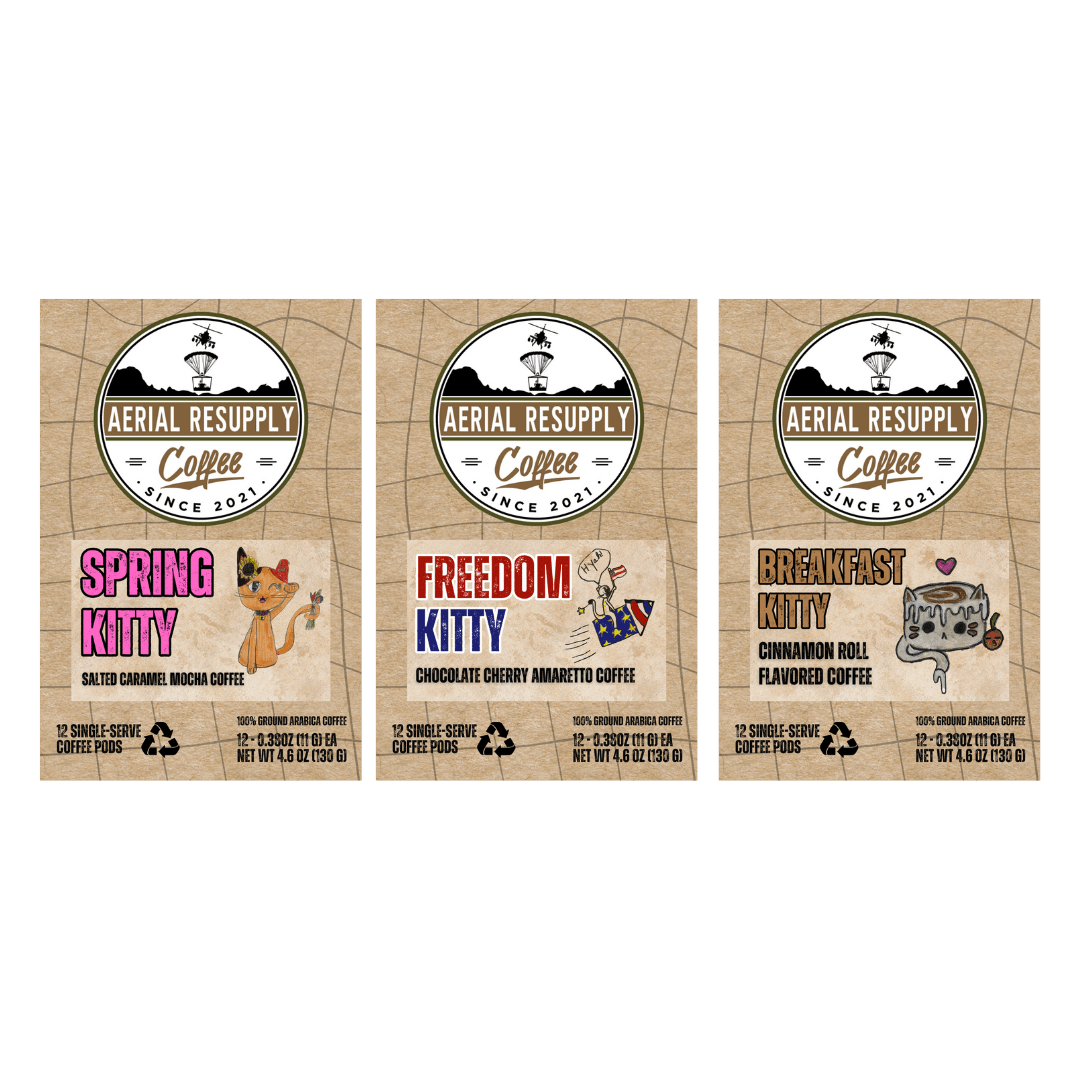 The Whole Kitten Kaboodle flavored coffee bundle single serving pod twelve count K-cups. Buy now online or in our store in Charlottesville Virginia. 