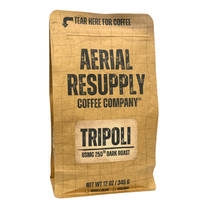Coffee bag from Aerial Resupply Coffee Company with 'Tripoli' label on a white background