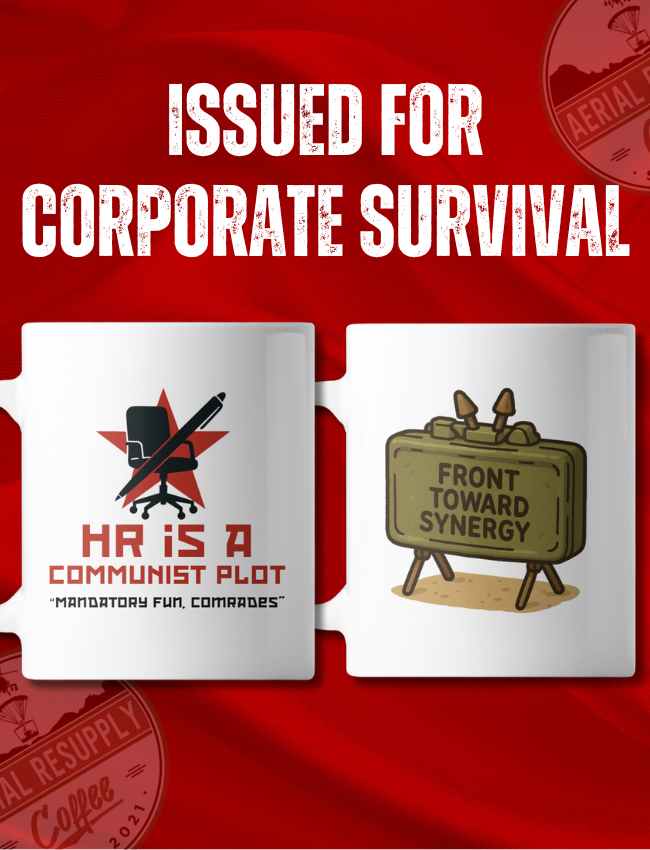 Two mugs with humorous designs on a red background with text 'Issued for Corporate Survival'.