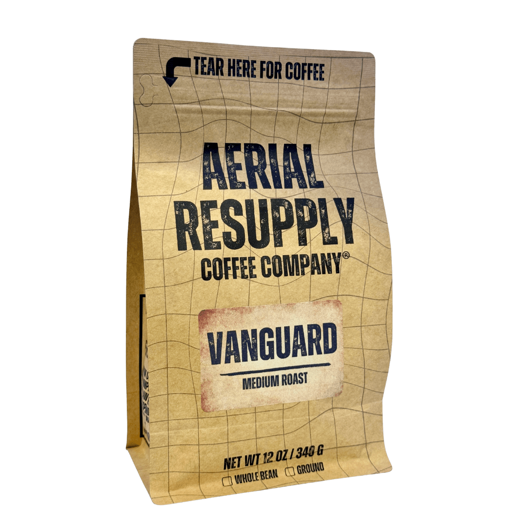 Aerial Resupply Coffee company bag brown with vanguard roast on it