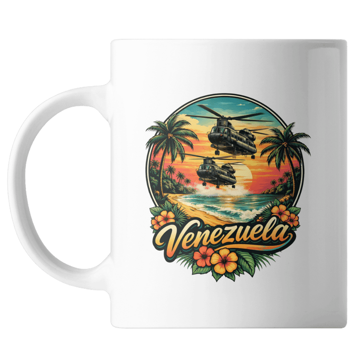 a white mug with an image of two helicopters over a beach and the word venezuela