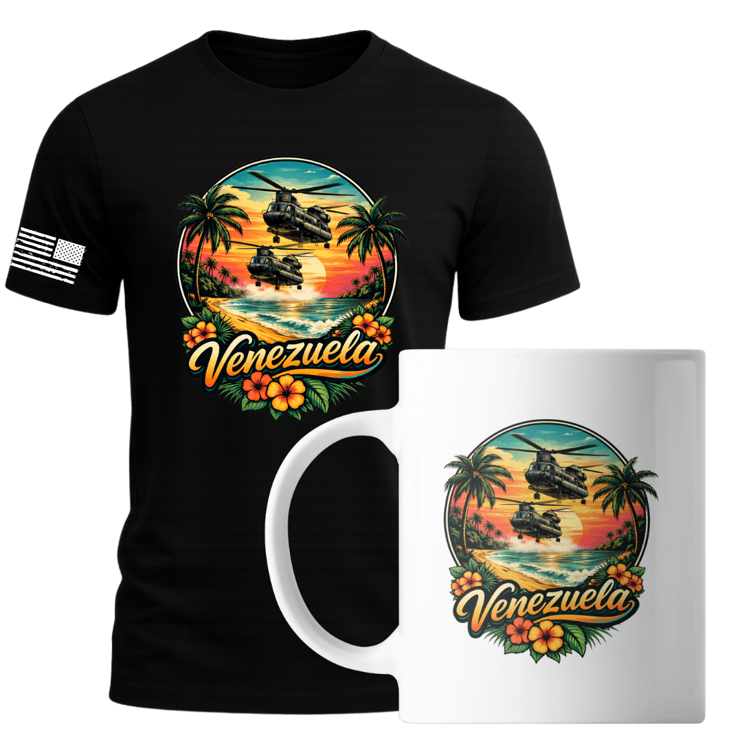 Black t-shirt and white mug with 'Venezuela' design featuring a sunset, palm trees, and military vehicles.