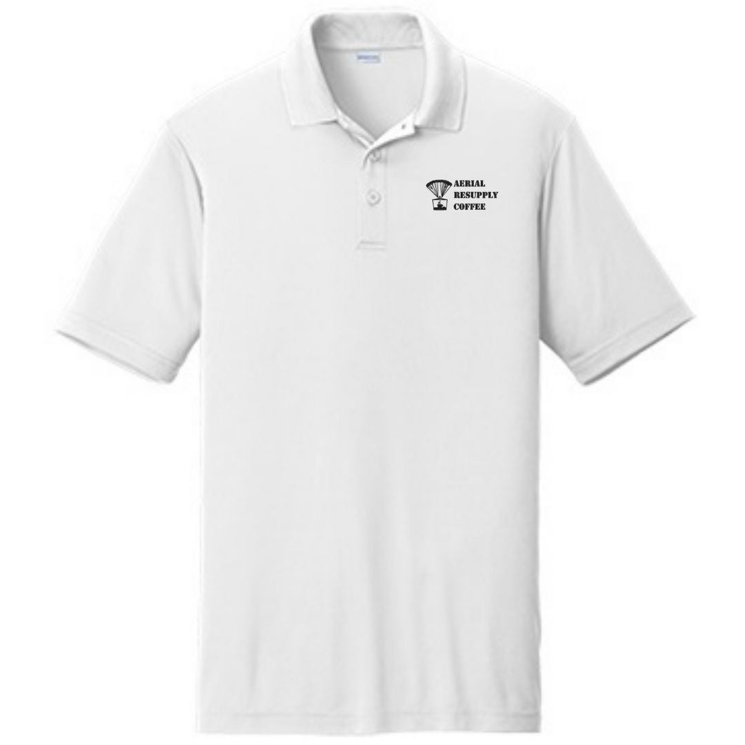 Aerial Resupply Coffee embroidered logo polo shirt white veteran owned