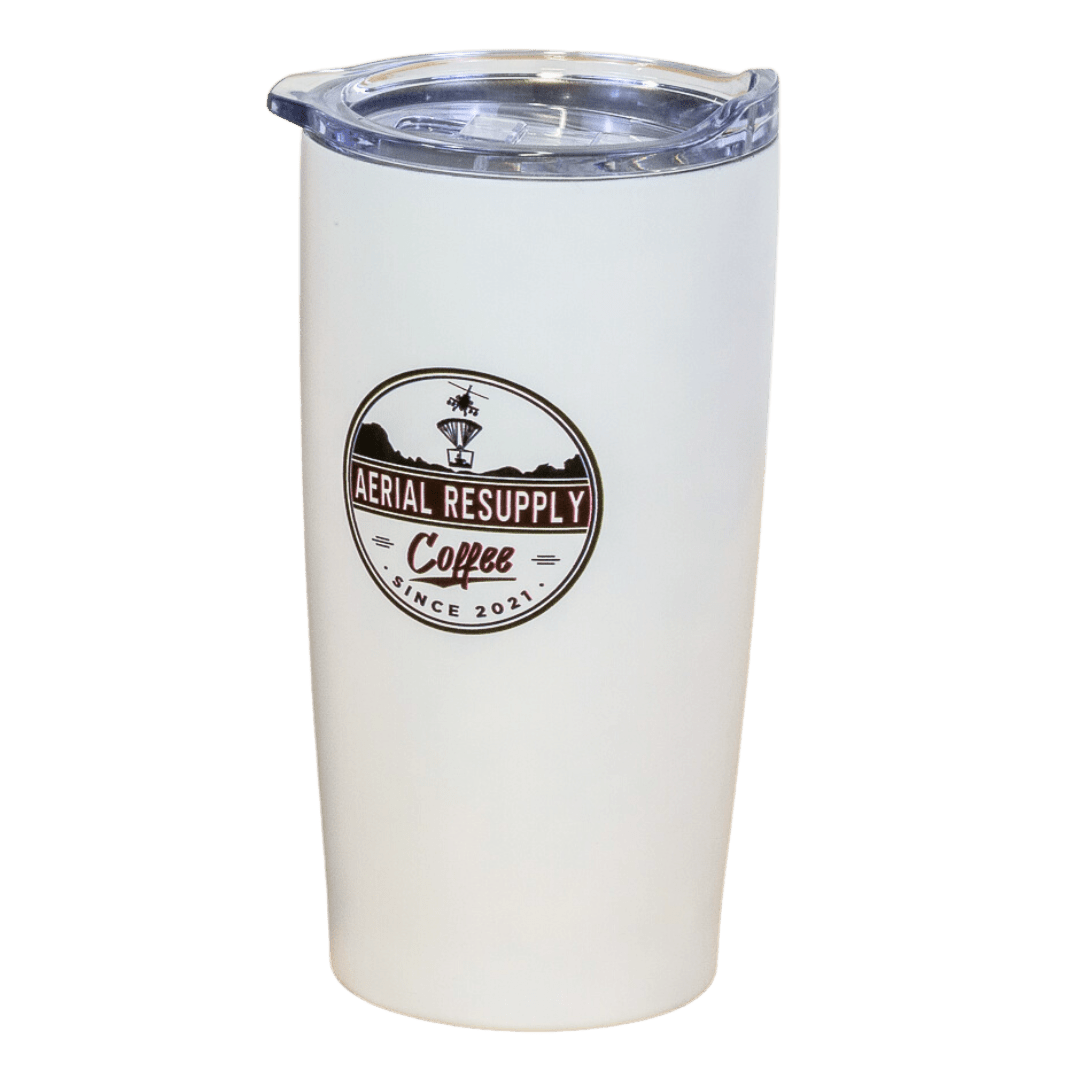 Aerial Resupply Coffee White Logo twenty ounce tumbler with lid buy online or at our store in charlottesville virginia