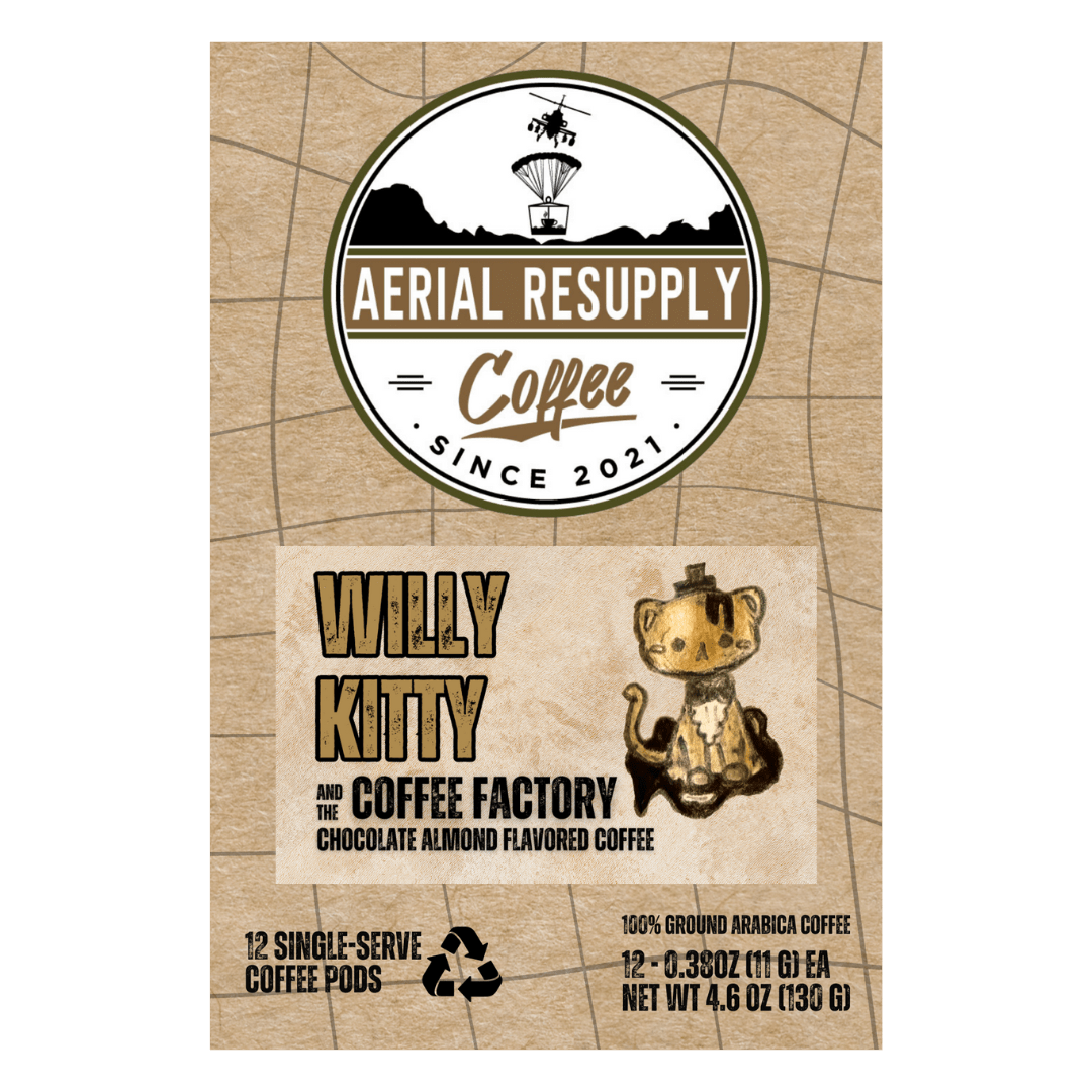 Willy Kitty and the Coffee Factory Chocolate Almond flavored coffee single serving kcups from aerial resupply coffee buy now online or at our store in Charlotesville, Virginia