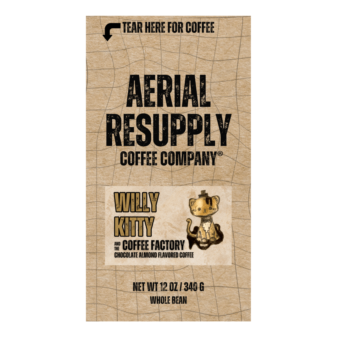 Willy Kitty and the Chocolate Factory Chocolate Almond Flavored Coffee from Aerial Resupply Coffee 12 ounce whole bean and ground coffee buy now online