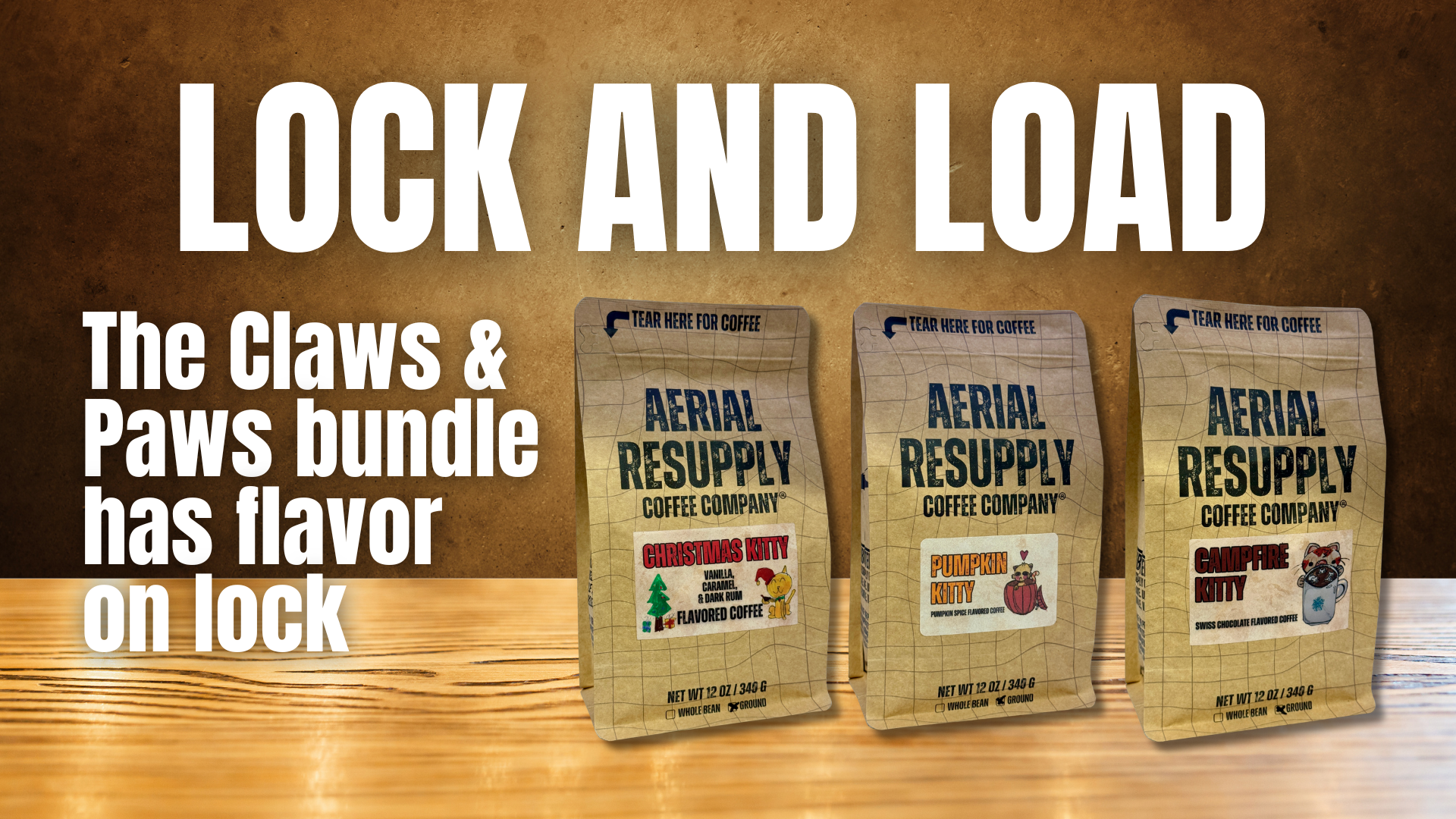 Three packages of Aerial Resupply Coffee Company on a wooden surface with promotional text.