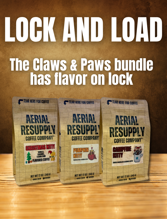 Three bags of Aerial Resupply Coffee Company coffee on a wooden surface with text 'Lock and Load' and 'The Claws & Paws bundle has flavor on lock'.