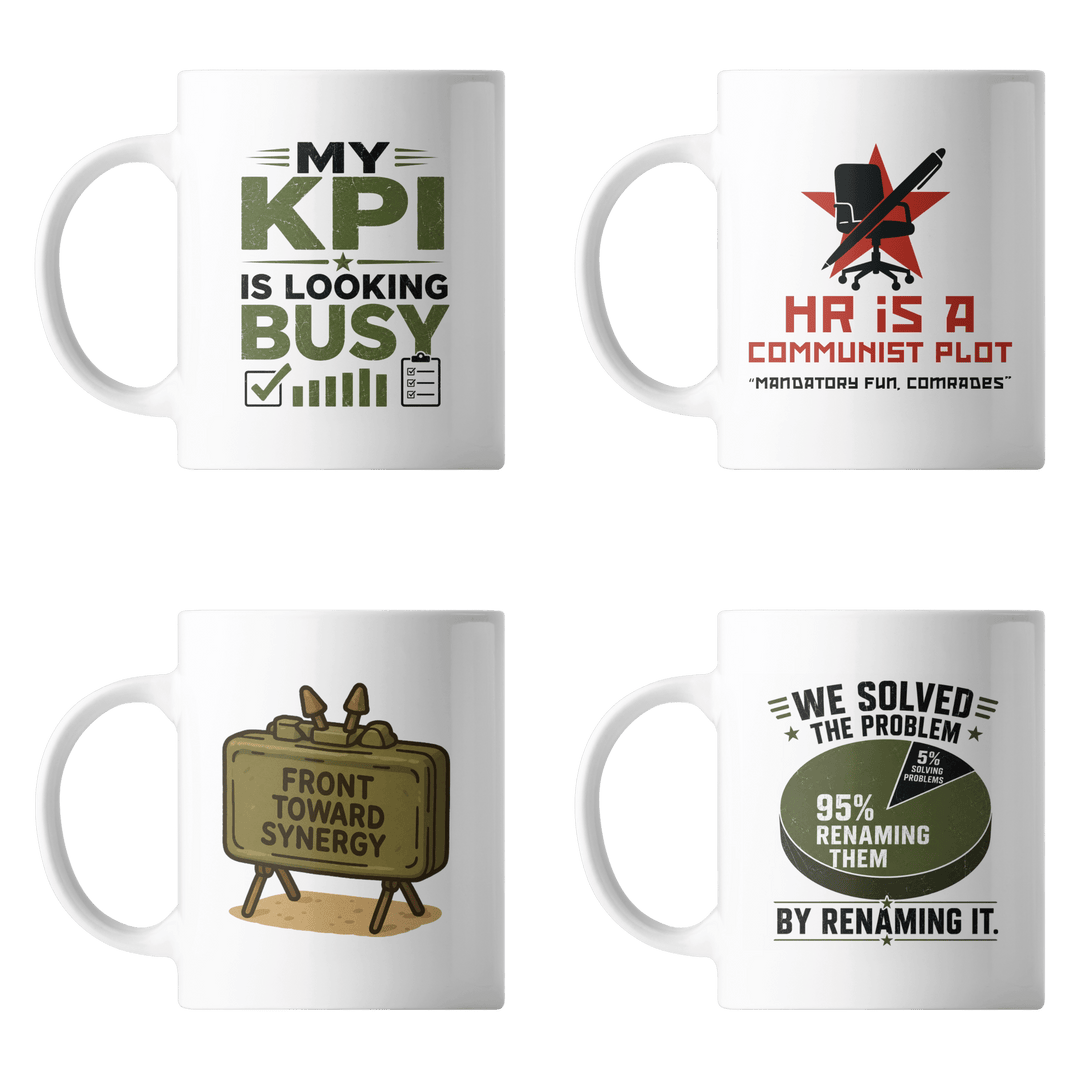 Four white 15 ounce ceramic mugs from The Corporate Reintegration 4-Pack