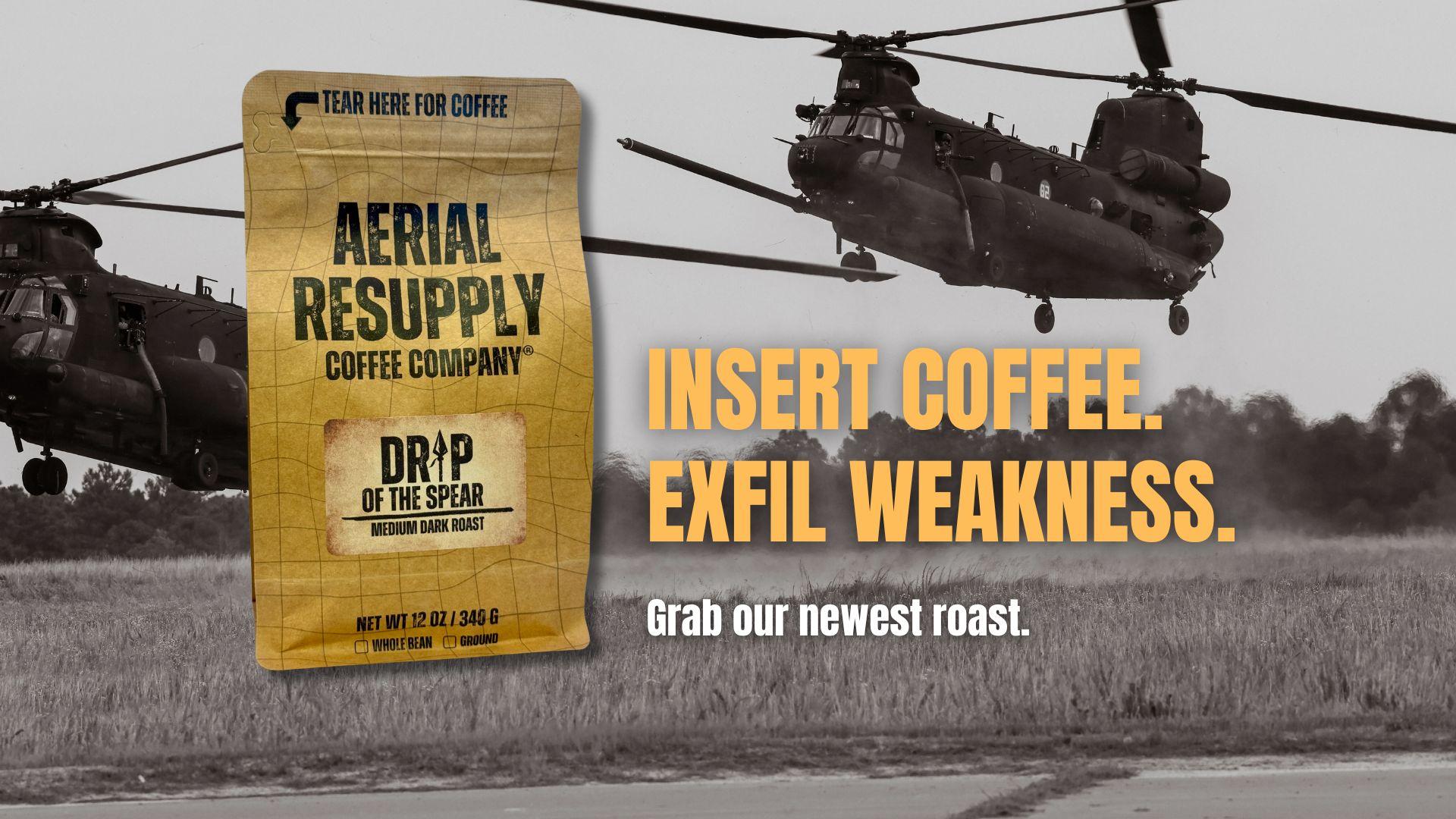 Aerial Resupply Coffee Company package with helicopters in the background