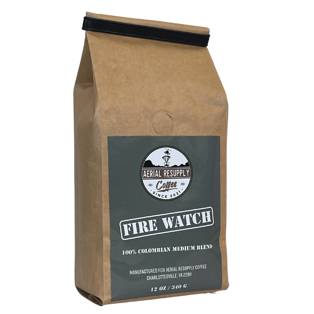 Firewatch Medium Roast Colombian five pound bulk coffee bag from Aerial resupply coffee. Veteran-owned.