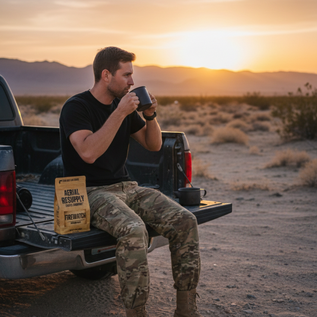 Man sitting in a truck bed drinking from a mug with a sunset in the background