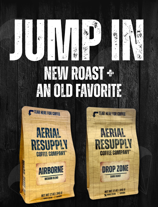 Two Aerial Resupply Coffee Company packages with promotional text on a dark background