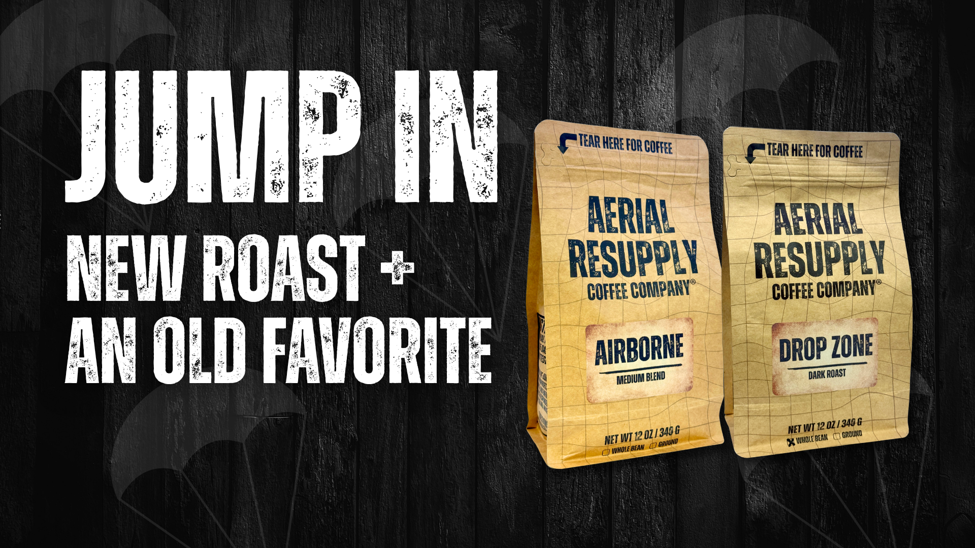 Two coffee packages from Aerial Resupply Coffee Company on a dark background with promotional text.