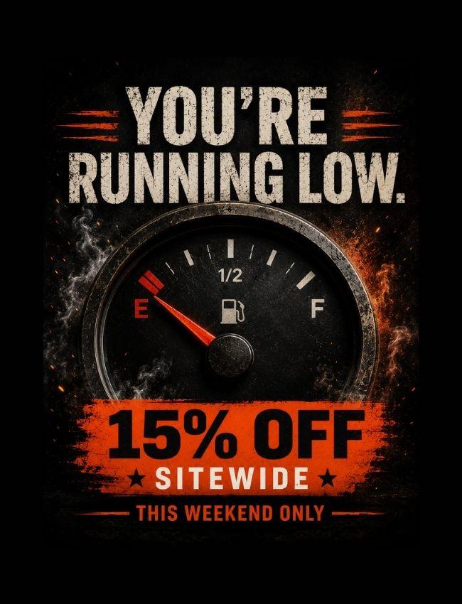 a fuel gauge with promotional text