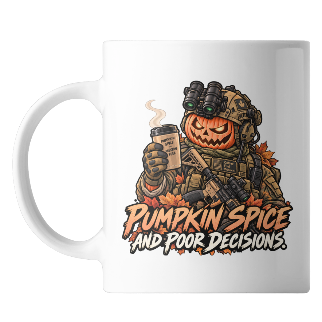 Pumpkin Spice and Poor Decisions 15 ounce ceramic fall mug with a jack-o-lantern soldier in night vision and plate carrier holding a coffee