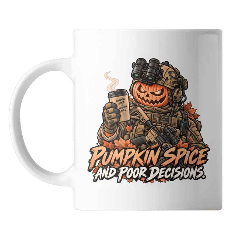 Pumpkin Spice and Poor Decisions 15 ounce ceramic fall mug with a jack-o-lantern soldier in night vision and plate carrier holding a coffee