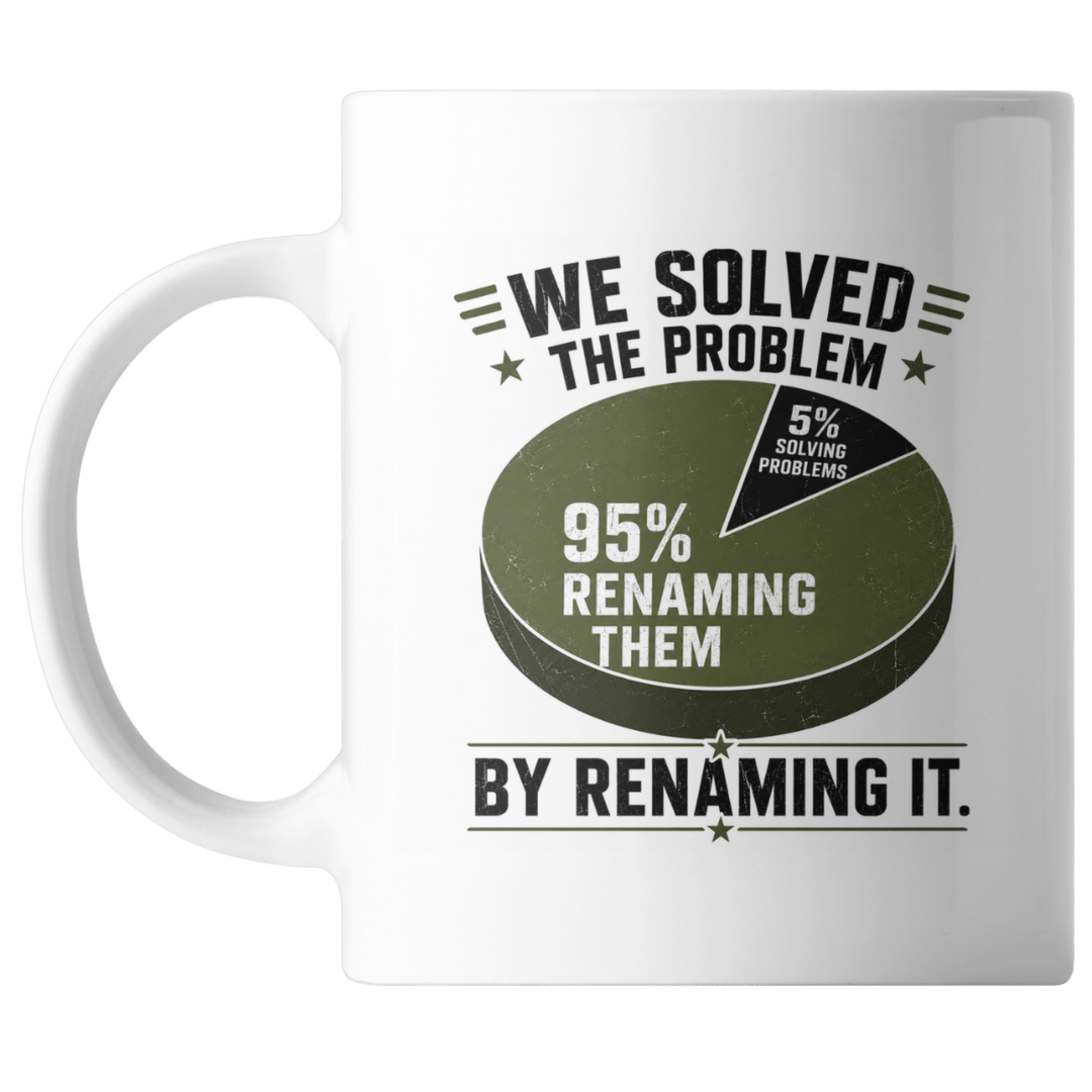 White 15 ounce ceramic mug printed with a pie chart reading 95 percent renaming problems, 5 percent solving them