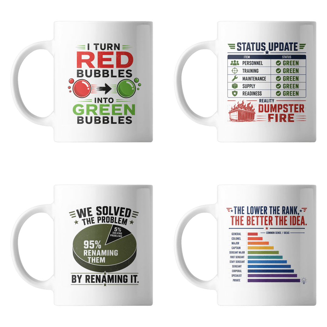 Four white 15 ounce ceramic mugs from The Staff Section 4-Pack