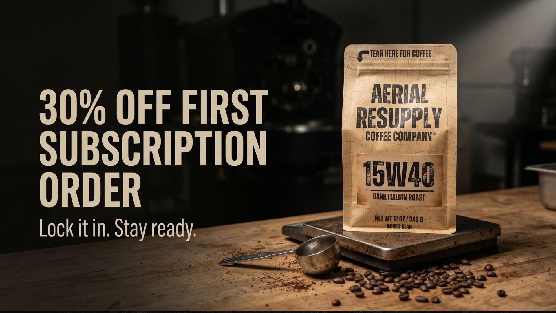 Aerial Resupply Coffee Company package on a wooden surface with coffee beans and a coffee grinder, promotional text for subscription offer.