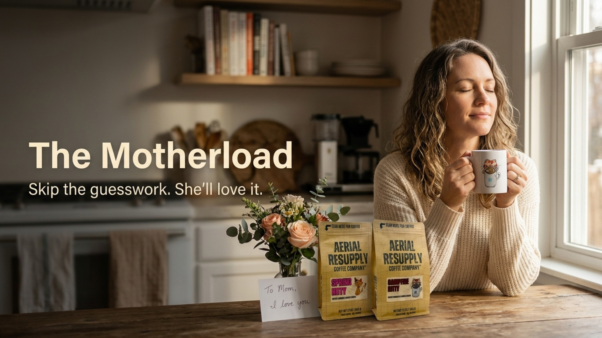 a woman holding a cup of coffee with two bags of coffee