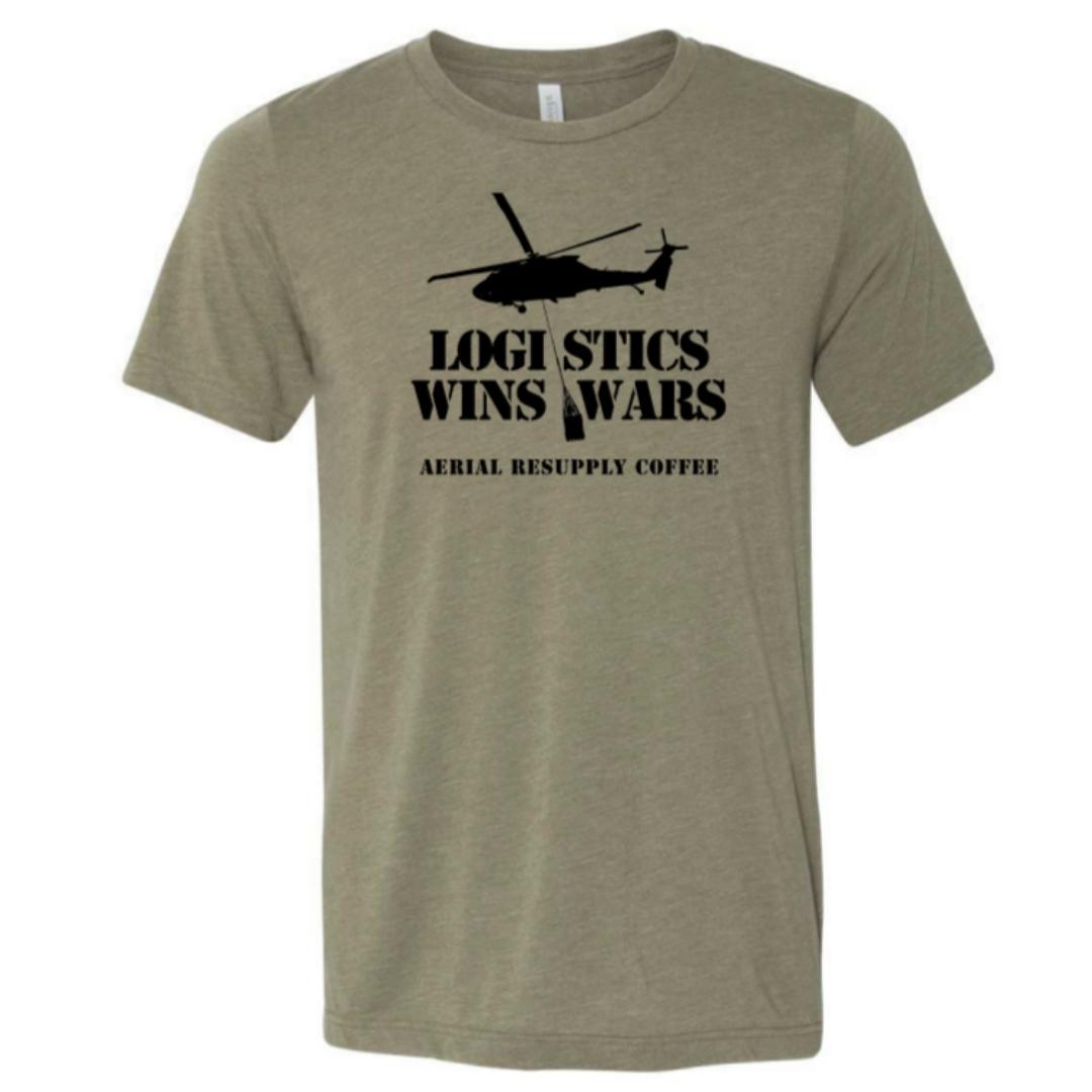 Logistics Wins Wars Bella Canvas T-shirt with a helicopter and text. Green Shirt. Veteran-owned.