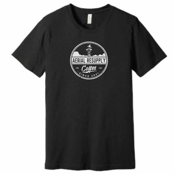 Aerial Resupply Coffee Distressed Logo T-shirt sleeve bella canvas shirt premium quality. Veteran-owned. Black.