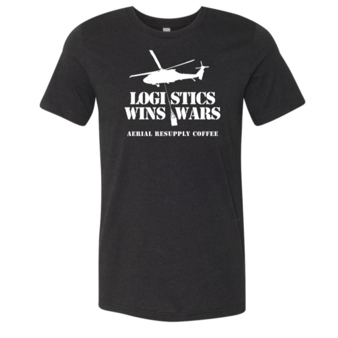 Logistics Wins Wars Bella Canvas T-shirt with a helicopter and text. Black Shirt. Veteran-owned.