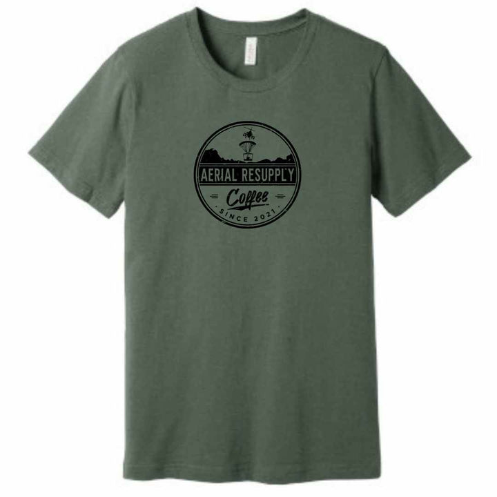 Aerial Resupply Coffee Distressed Logo T-shirt sleeve bella canvas shirt premium quality. Veteran-owned. Green.