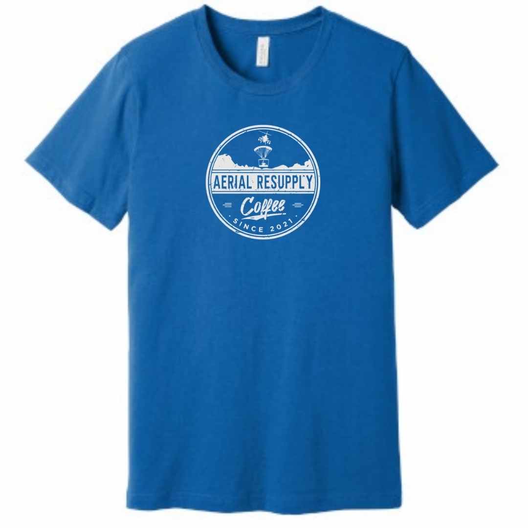 Aerial Resupply Coffee Distressed Logo T-shirt sleeve bella canvas shirt premium quality. Veteran-owned. Blue.