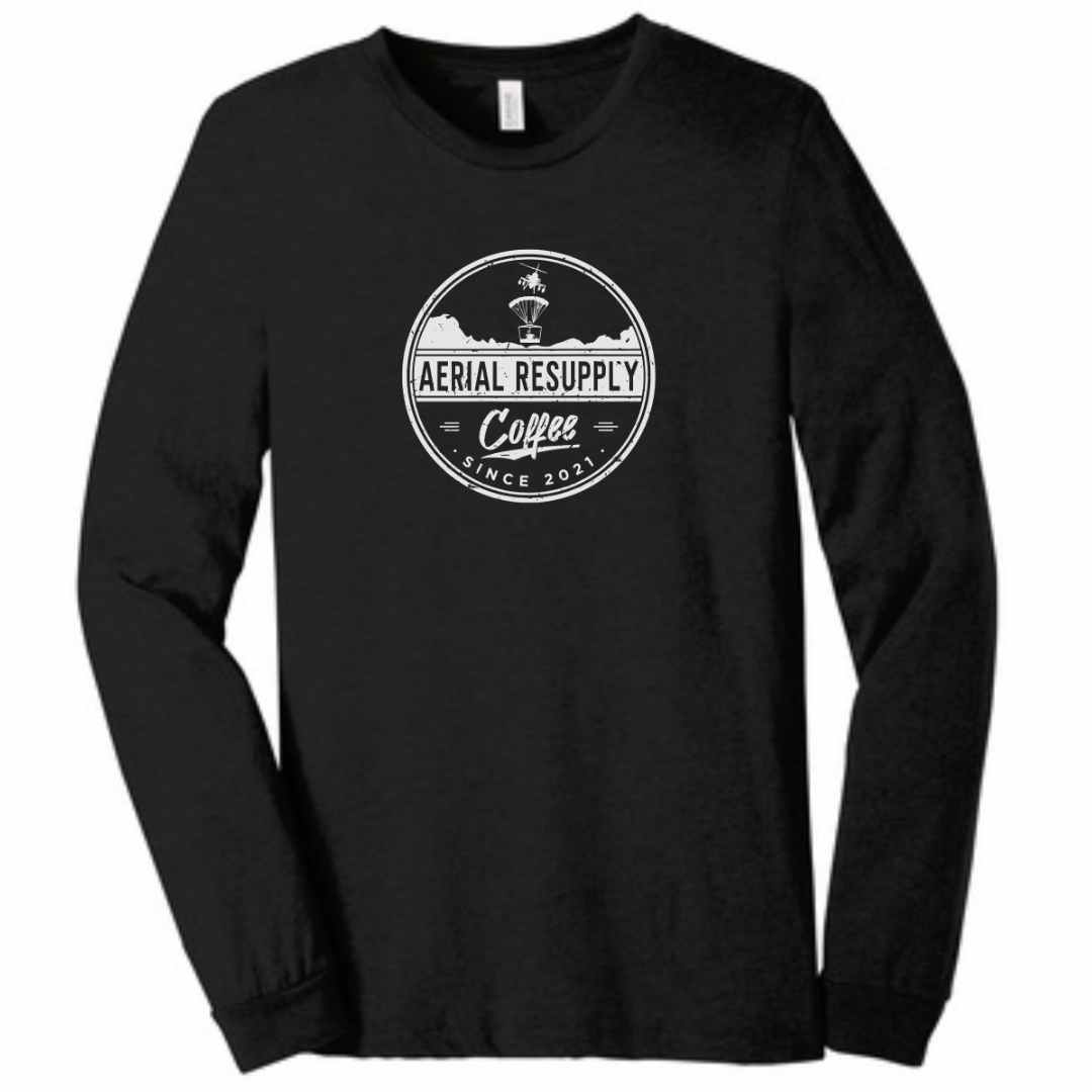 Aerial Resupply Coffee Distressed Logo long sleeve bella canvas shirt premium quality. Veteran-owned. Black.