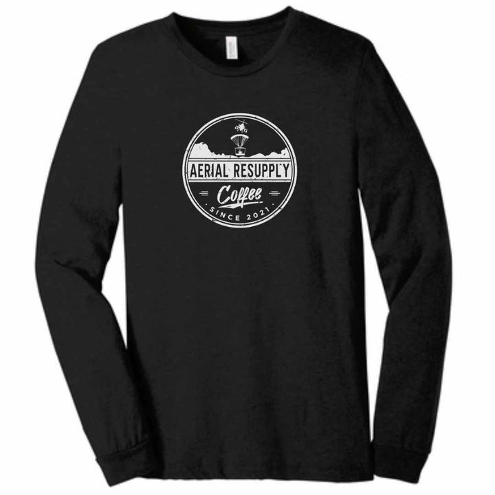 Aerial Resupply Coffee Distressed Logo long sleeve bella canvas shirt premium quality. Veteran-owned. Black.