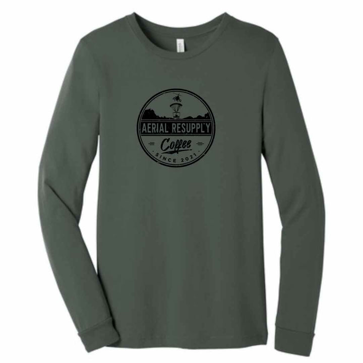 Aerial Resupply Coffee Distressed Logo long sleeve bella canvas shirt premium quality. Veteran-owned. Green.