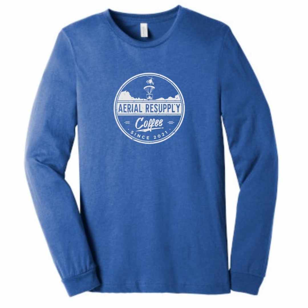 Aerial Resupply Coffee Distressed Logo long sleeve bella canvas shirt premium quality. Veteran-owned. Blue.