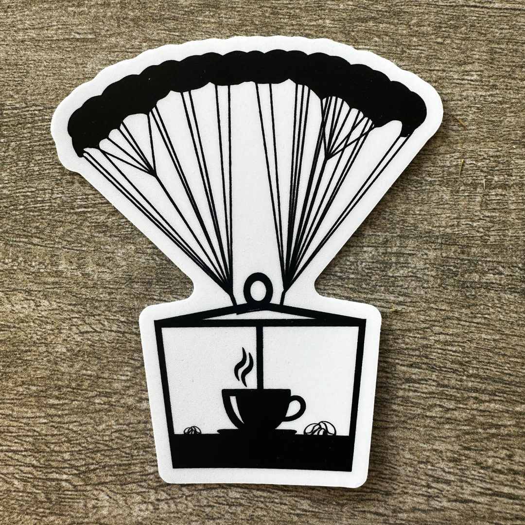 Aerial Resupply Coffee parachute vinyl sticker. Veteran owned and operated in Charlottesville Virginia