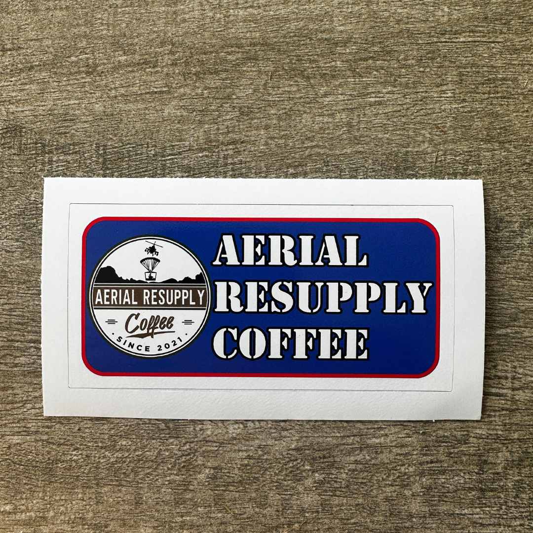 Aerial Resupply Coffee blue vinyl sticker. Veteran owned and operated in Charlottesville Virginia