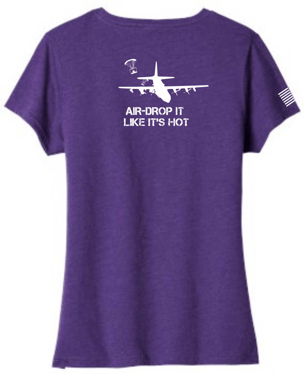 Women's v-neck bella canvas shirt with Air Drop it Like it's Hot and Aerial Resupply Coffee Logo Purple