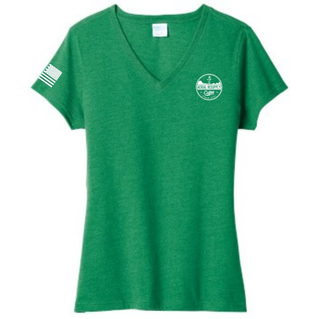 Resupply Everyone Deployed Ladies V-neck bella canvas T-shirt from Aerial Resupply Coffee. Green Front.