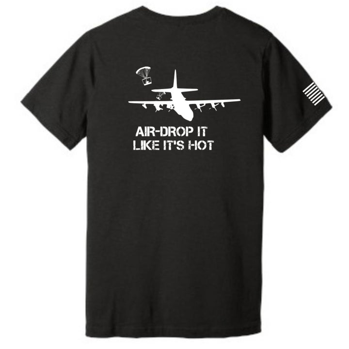 Unisex bella canvas T-shirt with Air Drop it Like it's Hot and Aerial Resupply Coffee Logo Black