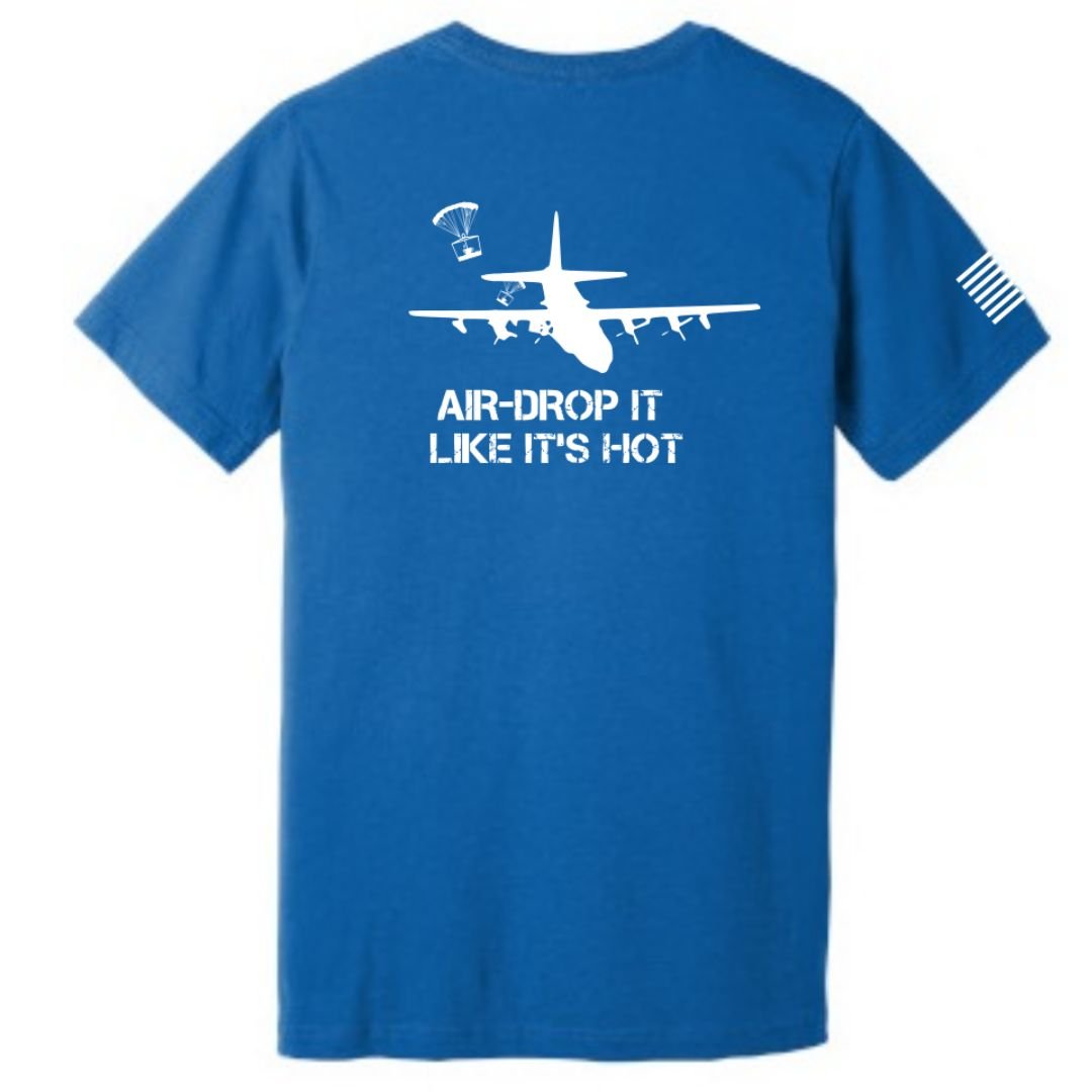 Unisex bella canvas T-shirt with Air Drop it Like it's Hot and Aerial Resupply Coffee Logo Blue