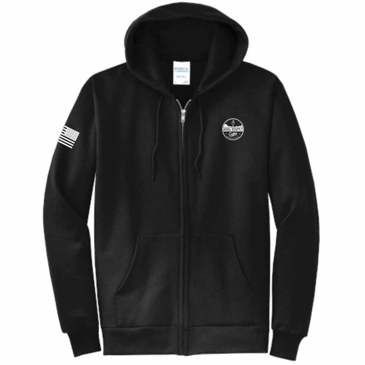 Aerial Resupply Coffee distressed logo soft hoodie with american flag on sleeve spectre black color